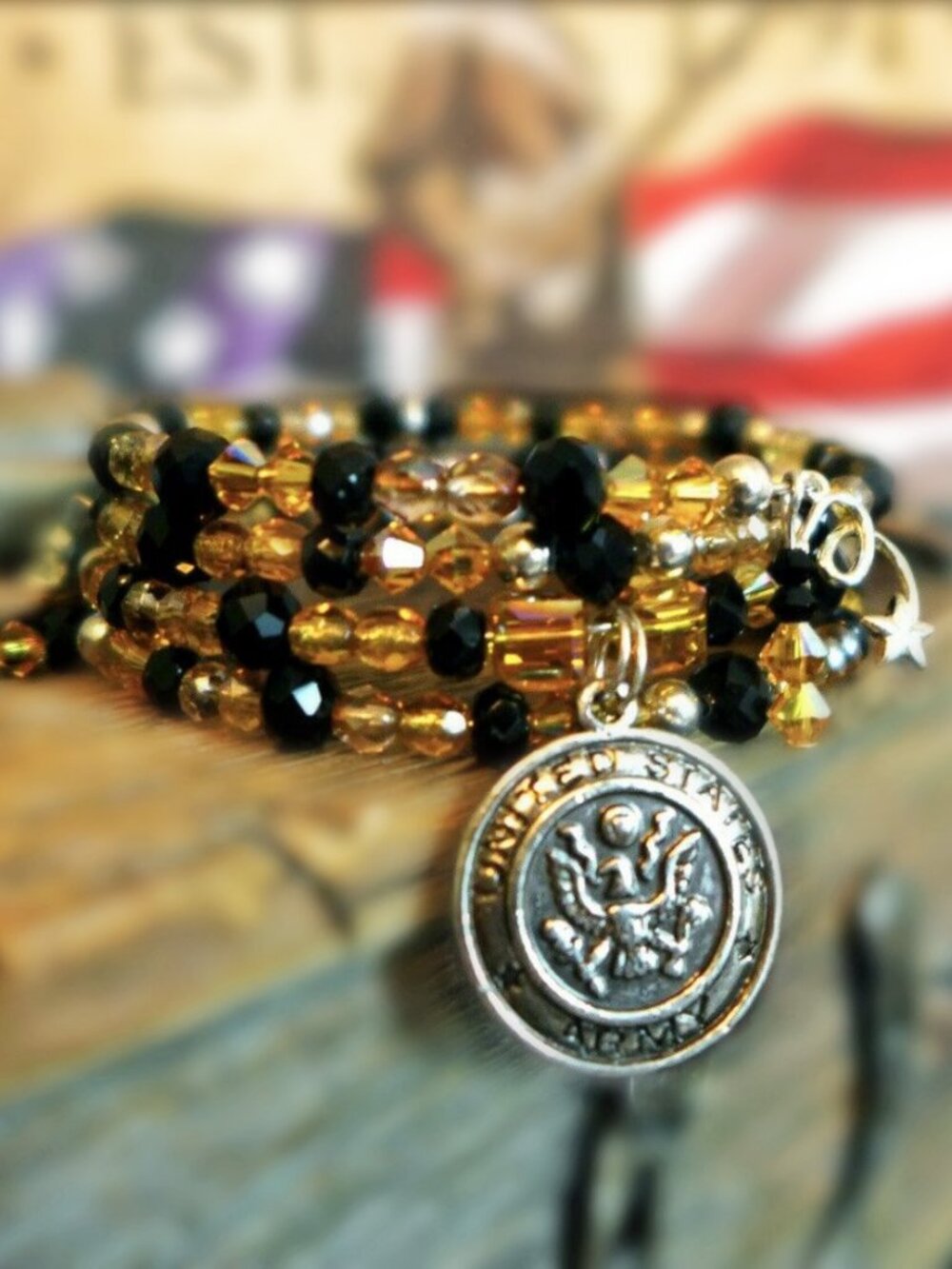 ⚜️ARMY Wife Honor wrap bracelet Handmade Sparkling black yellow beads & charms